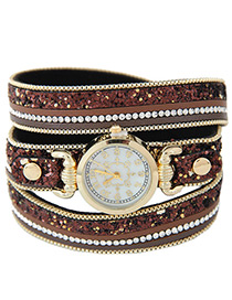 Fahsion Brown Rivet&diamond Decorated Round Dial Multi-layer Watch