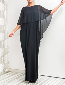 Elegant Black Pure Color Decorated Simple Round Shape Long Dress