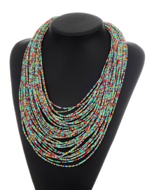 Fashion Light Blue+red Beads Decorated Color Matching Multi-layer Necklace