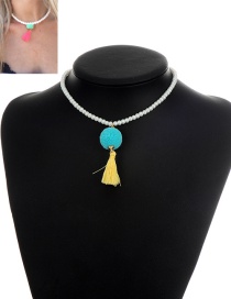 Retro Blue+yellow Tassel&fuzzy Ball Decorated Simple Short Chain Necklace