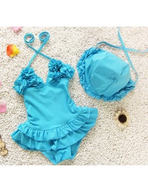 Lovely Blue Flower Decorated Simple Pure Color Child Swimwear(with Hat )