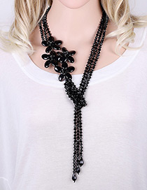 Trendy Black Flower Shape Decorated Simple Long Chain Necklace