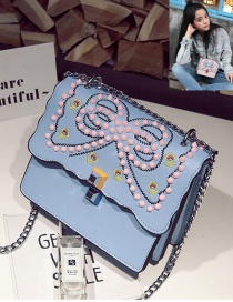 Fashion Blue Rivet Decorated Embroidery Design Color Matching Shoulder Bag