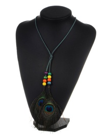 Fashion Blue Feather&beads Decorated Color Matching Simple Necklace