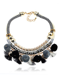 Fashion Black Tassel&fuzzy Ball Decorated Double Layer Pom Necklace
