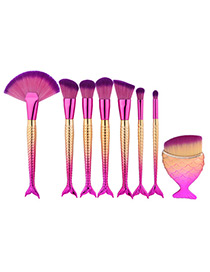 Trendy Gold Color+plum Red Color Matching Decorated Simple Mermaid Makeup Brush(8pcs)