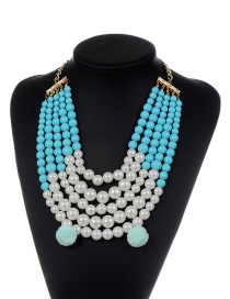 Fashion Blue Pearls&fuzzy Balls Decorated Multi-layer Pom Necklace