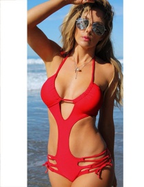 Fashion Red Pure Color Decorated Hollow Out Bandage Swimsuit