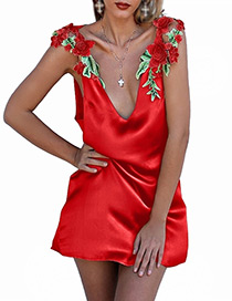 Fashion Red Embroidery Flower Decorated V Neckline Simple Dress