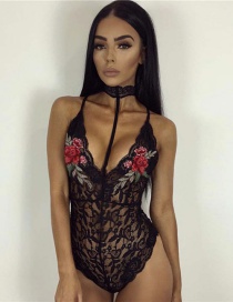 Trendy Black Embroidery Flower Decorated Lace Pure Color Jumpsuit