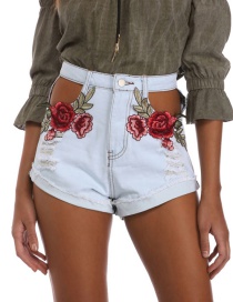 Trendy Light Blue Embroidery Flower Decorated Hollow Out Simple Shorts