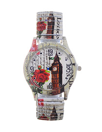 Lovely Beige Bell Tower Pattern Decorated Watch
