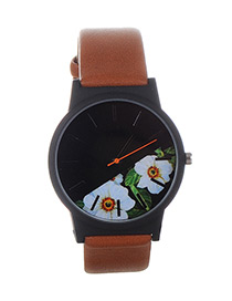 Fashion Brown+white Flower Shape Pattern Decorated Watch