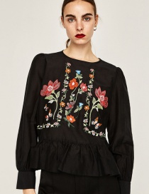 Vintage Black Embroidered Fabric Decorated Simple Long-sleeved Shirt