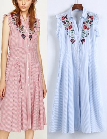 Fashion Blue Embroidered Fabric Decorated Simple Sleeveless Long Dress