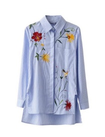 Fashion Blue Embroidered Fabric Decorated Simple Long-sleeved Sark