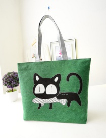 Fashion Green Cartoon Cat Pattern Decorated Shoulder Bag