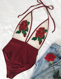 Fashion Red Embroidery Flower Decorated V Neckline Bikini